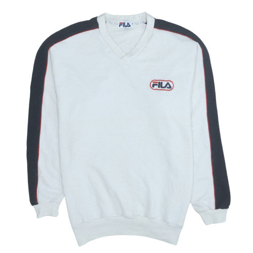 Fila Mens White V-Neck Sweatshirt M Retro 90s Logo Sports Pullover