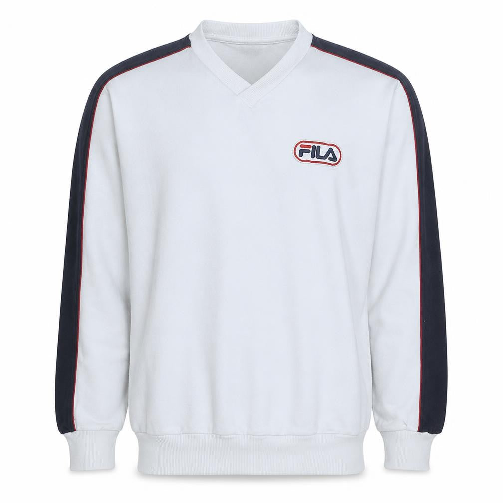 Fila Mens White V-Neck Sweatshirt M Retro 90s Logo Sports Pullover