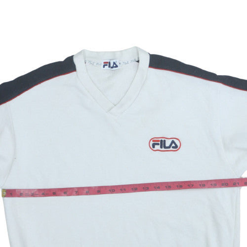 Fila Mens White V-Neck Sweatshirt M Retro 90s Logo Sports Pullover