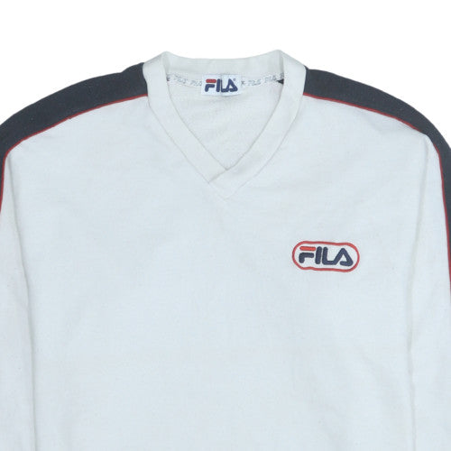 Fila Mens White V-Neck Sweatshirt M Retro 90s Logo Sports Pullover