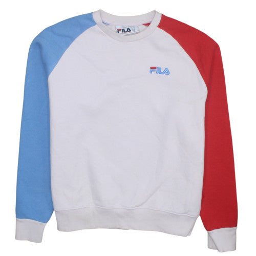 FILA Women White Colourblock Sweatshirt Medium Logo Crew Neck Casual