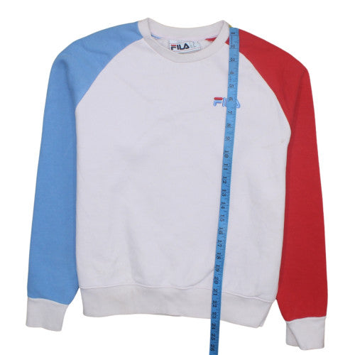 FILA Women White Colourblock Sweatshirt Medium Logo Crew Neck Casual