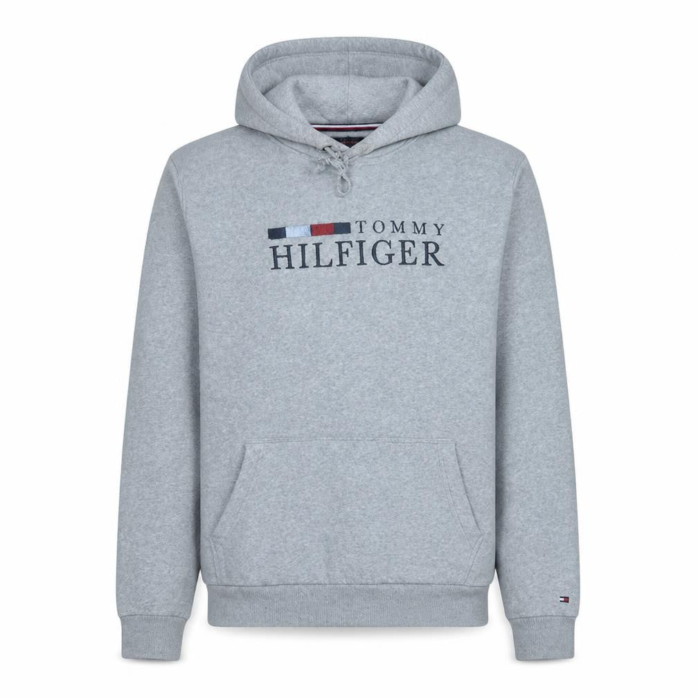 Front view of Tommy Hilfiger Men's Grey Pullover Hoodie L Logo Fleece Sweatshirt