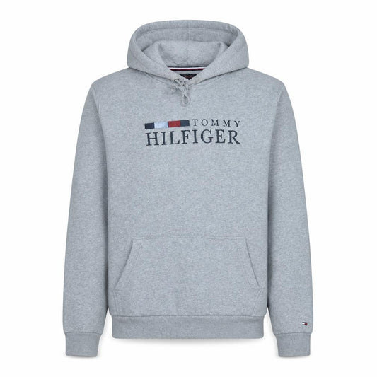 Front view of Tommy Hilfiger Men's Grey Pullover Hoodie L Logo Fleece Sweatshirt