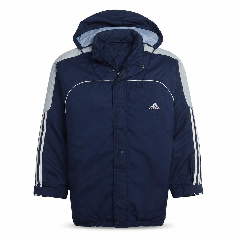 Front view of Adidas Men's Blue Hooded Waterproof Parka Jacket, size M