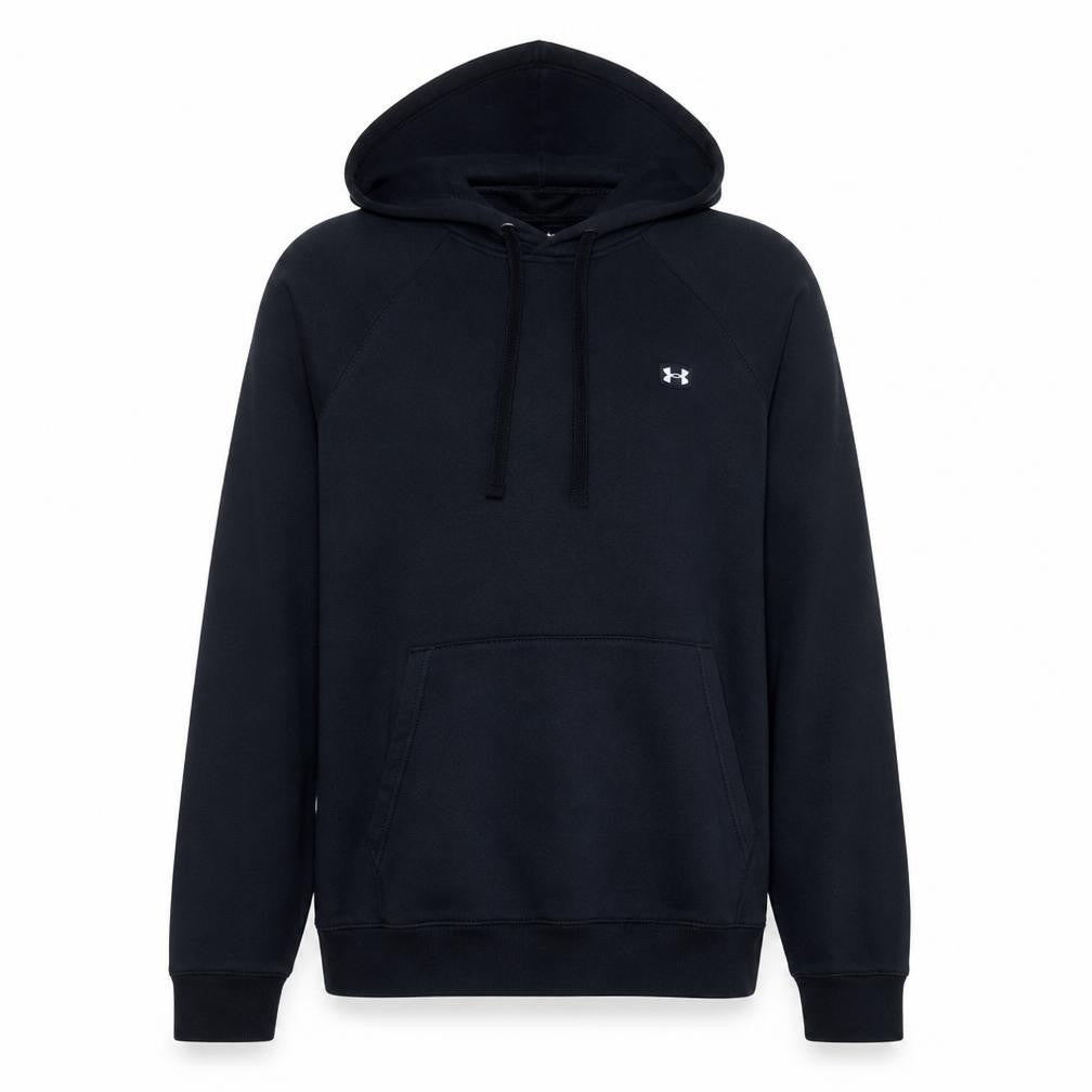 Front view of Under Armour men’s black pullover hoodie m relaxed fit fleece