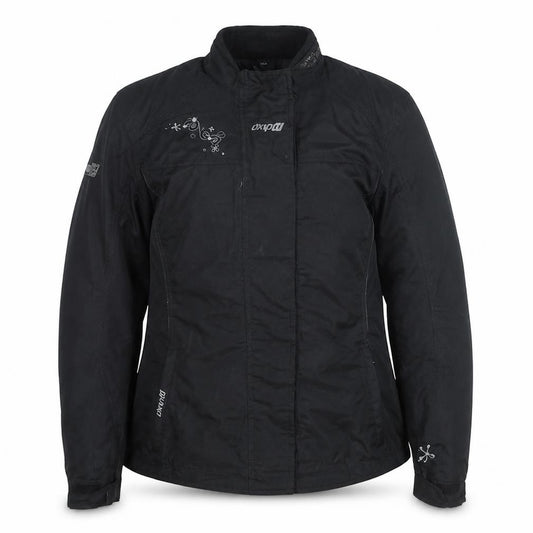 Front view of DMP Women's Black Motorcycle Jacket, size 12, Windproof Lined Nylon