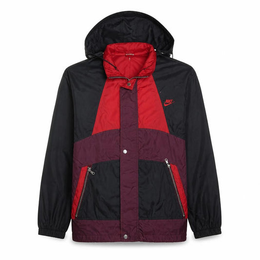 Front view of Nike Men’s Red Black Windbreaker Hooded Jacket, size M, Retro Sportswear