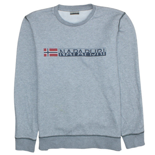 Napapijri Men's Grey Logo Crew Neck Pullover Sweatshirt Size S