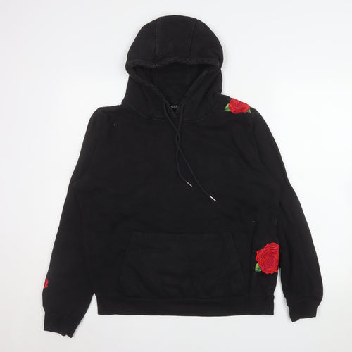 Brave Soul Womens Black Medium Pullover Hoodie with Rose Embroidery