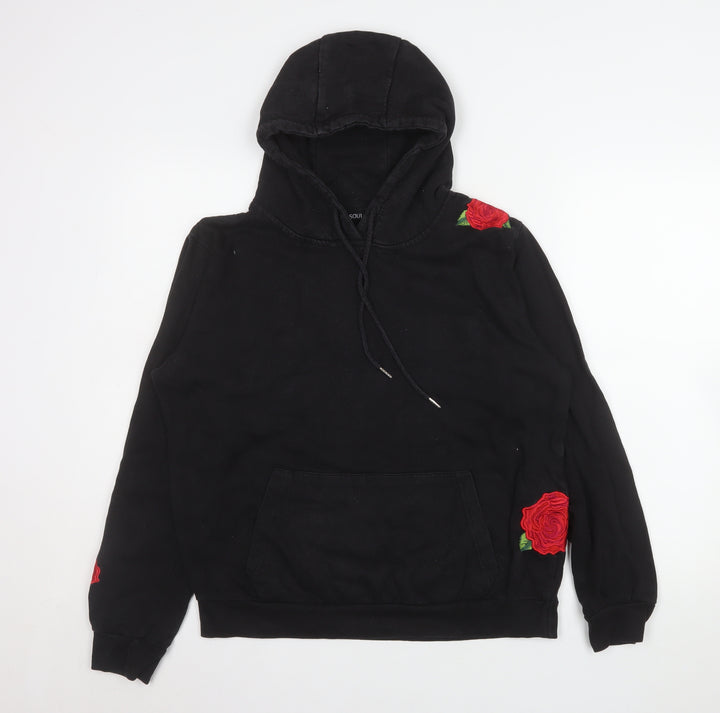 Brave Soul Womens Black Medium Pullover Hoodie with Rose Embroidery