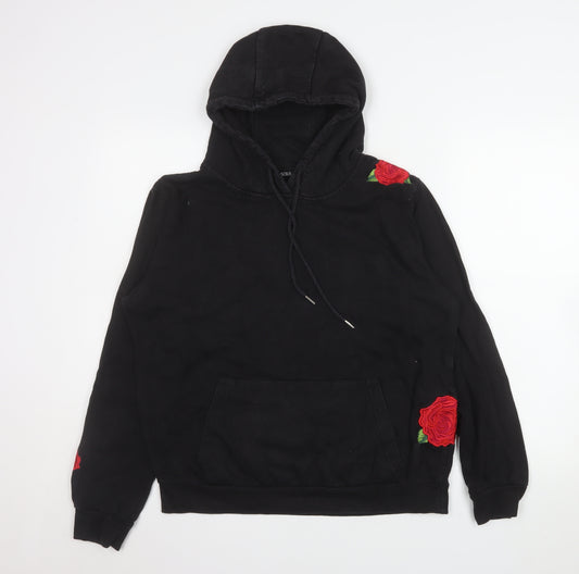 Brave Soul Womens Black Medium Pullover Hoodie with Rose Embroidery