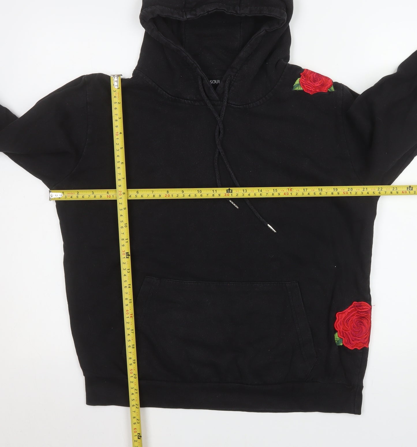 Brave Soul Womens Black Medium Pullover Hoodie with Rose Embroidery