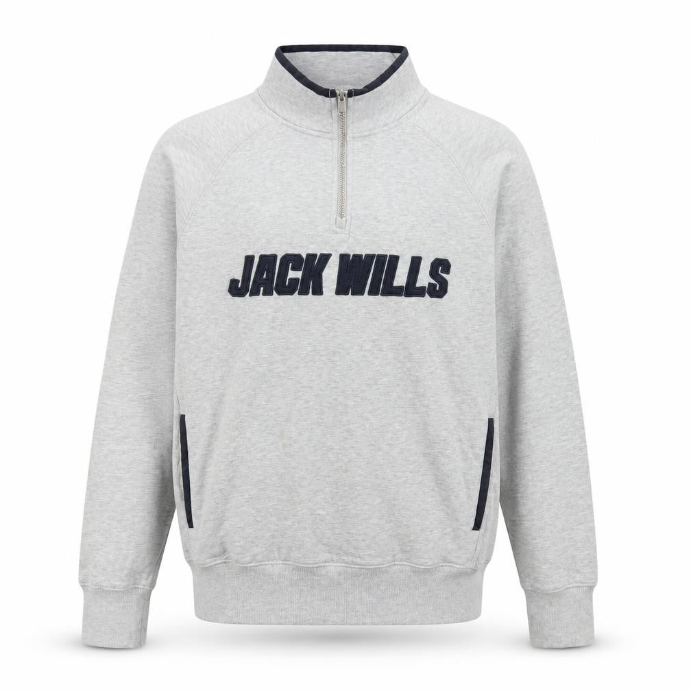 Front view of Jack Wills men’s grey 1/4 zip sweatshirt, size S, cotton blend