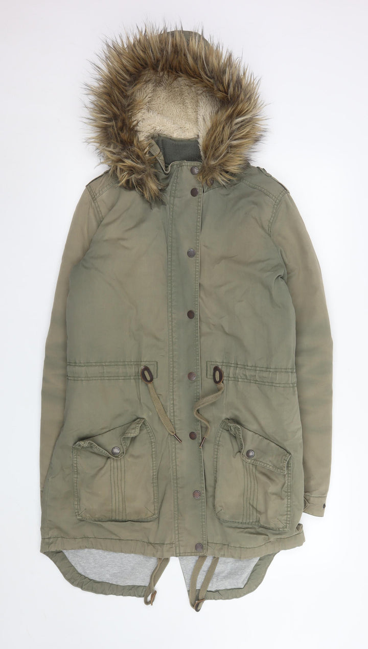 Fat Face Women Green Faux Fur Hooded Parka Coat Size 10