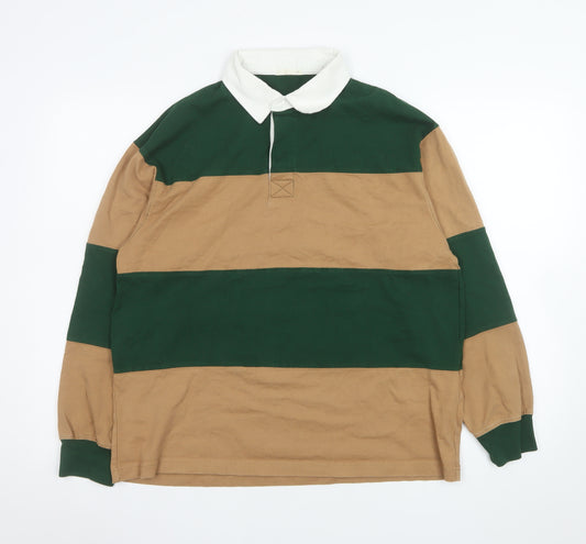 GU Men's Green Beige Long Sleeve Rugby Polo Shirt Size M