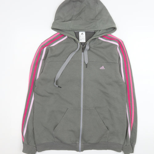 Adidas Girls Grey Hooded Track Jacket M 12-14 Years Full Zip Striped