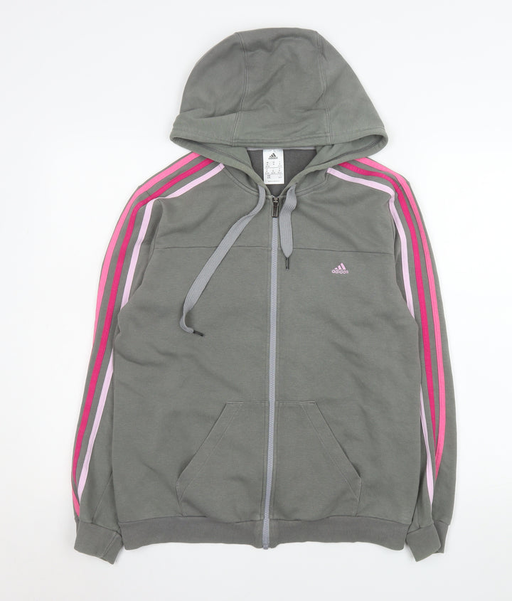 Adidas Girls Grey Hooded Track Jacket M 12-14 Years Full Zip Striped