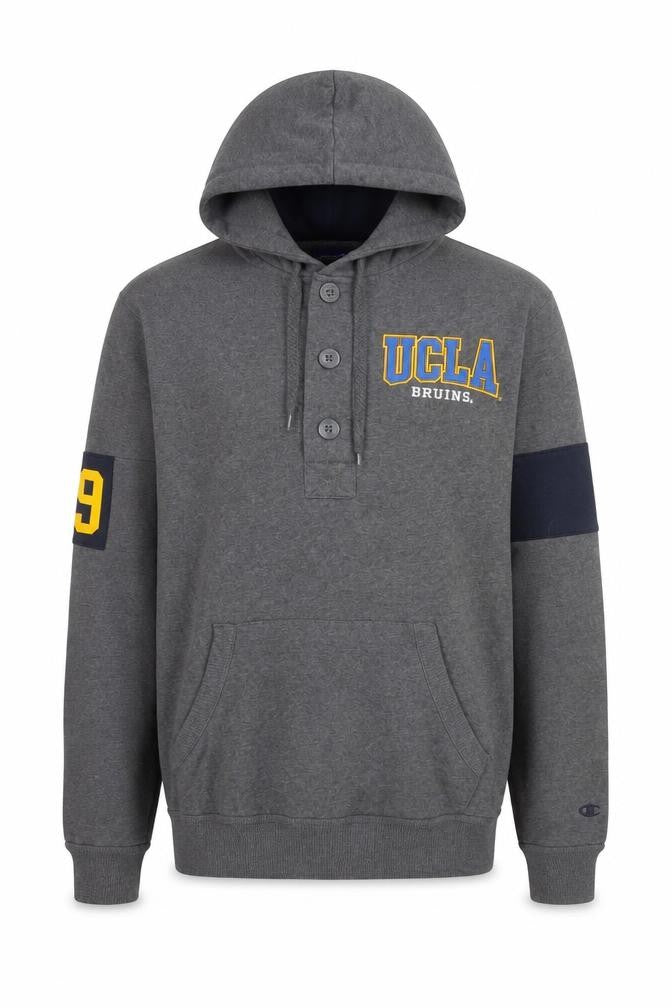 Front view of Champion Men's Grey UCLA Henley Hoodie, size S