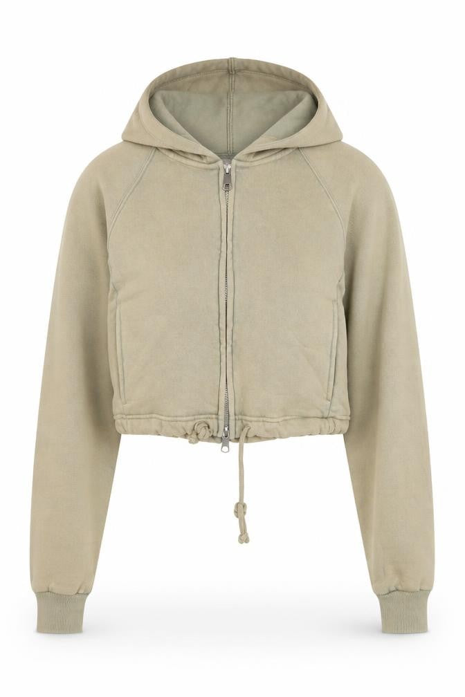 Front view of Bershka Women's Beige Cropped Hooded Jacket, size 12, Regular Fit