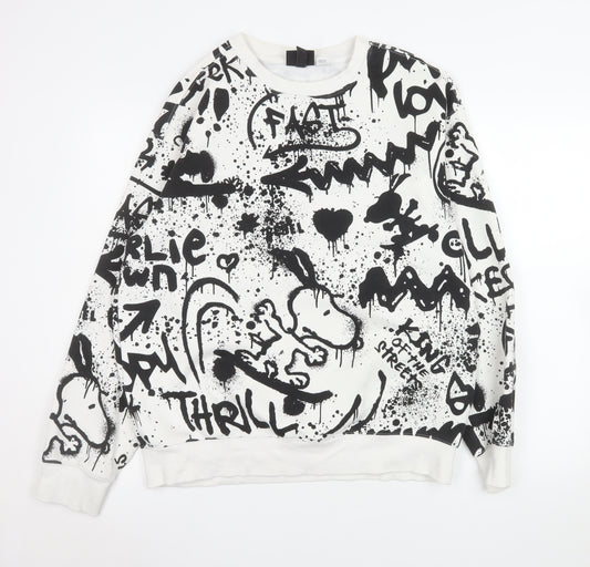 H&M Womens White Black Snoopy Relaxed Fit Graphic Sweatshirt Size 12