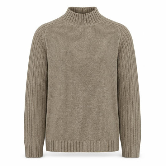 Front view of Easy men’s beige high neck ribbed knit jumper, size M