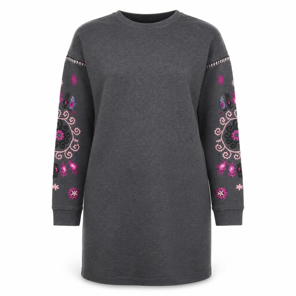 Front view of Boden Women Grey Embroidered Long Sleeve Shift Dress, size 14