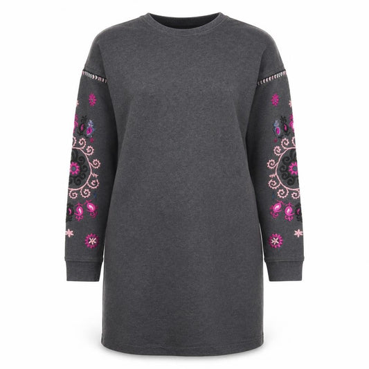 Front view of Boden Women Grey Embroidered Long Sleeve Shift Dress, size 14