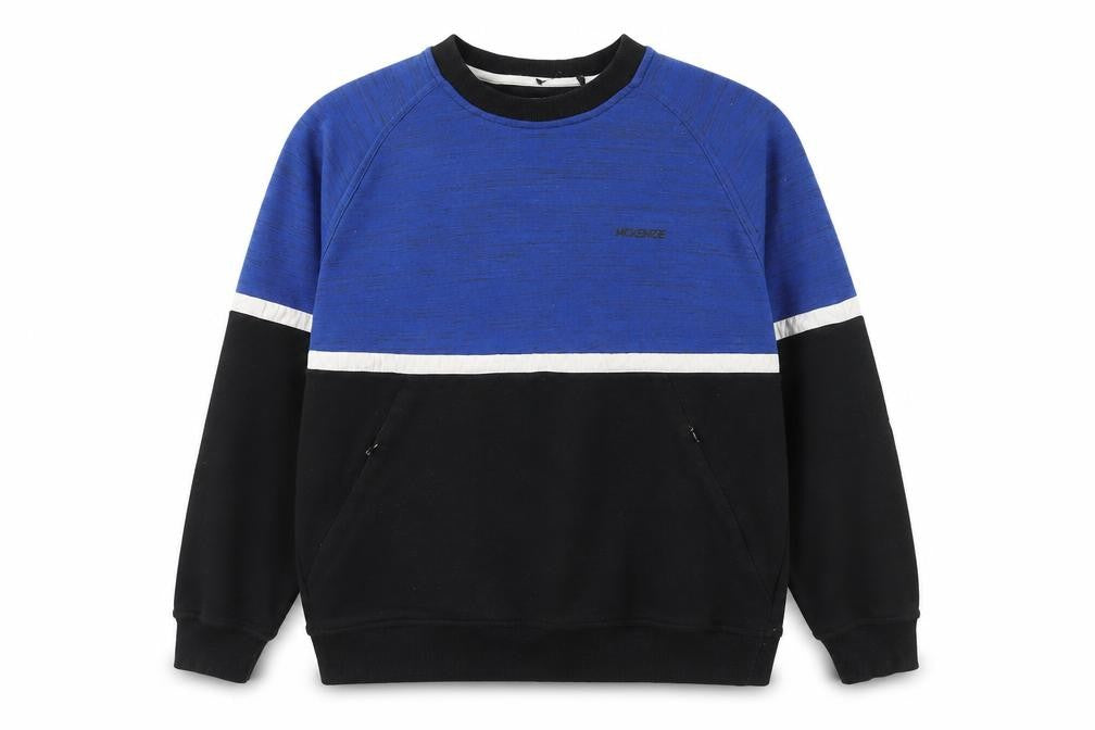 Front view of McKenzie Men’s Blue Black Colour Block Crew Sweatshirt, size L
