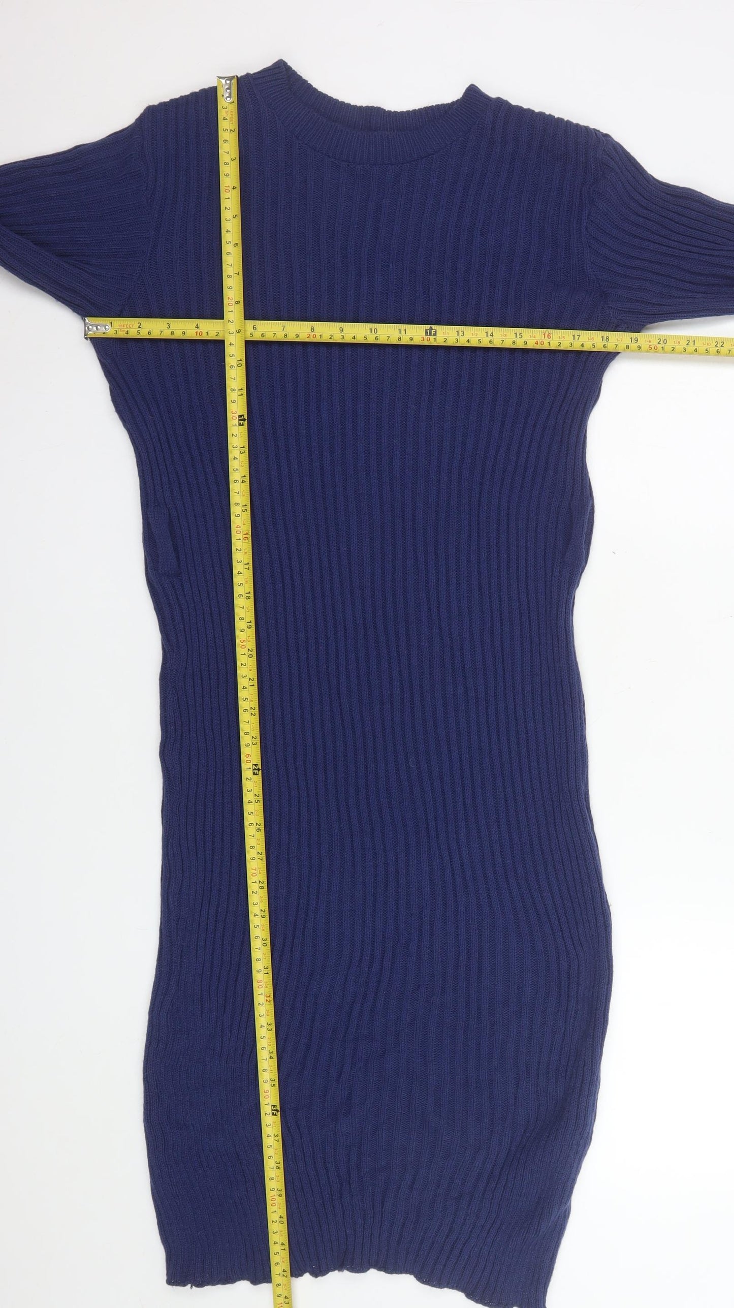 Boohoo Women Blue Size 18 Ribbed Knit Long Sleeve Bodycon Dress