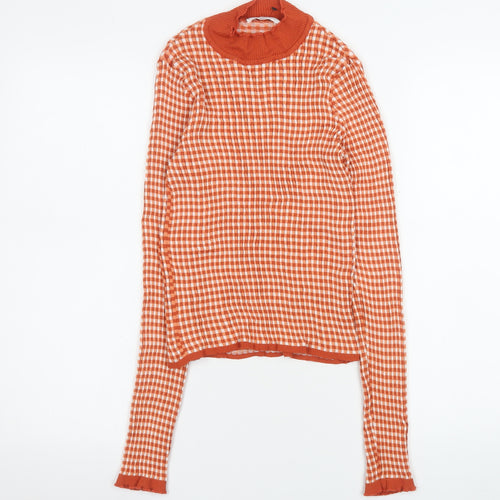 MNG Women’s Orange Check Roll Neck Long Sleeve Slim Fit Top - Size M