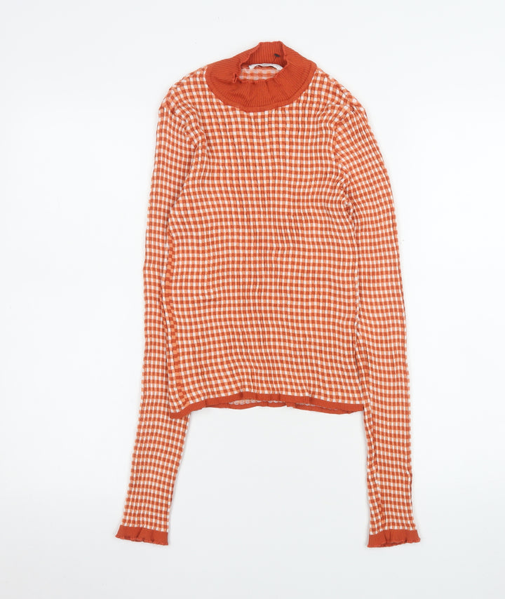 MNG Women’s Orange Check Roll Neck Long Sleeve Slim Fit Top - Size M