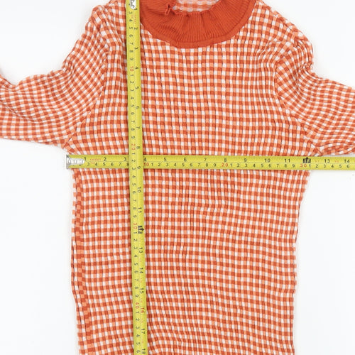MNG Women’s Orange Check Roll Neck Long Sleeve Slim Fit Top - Size M