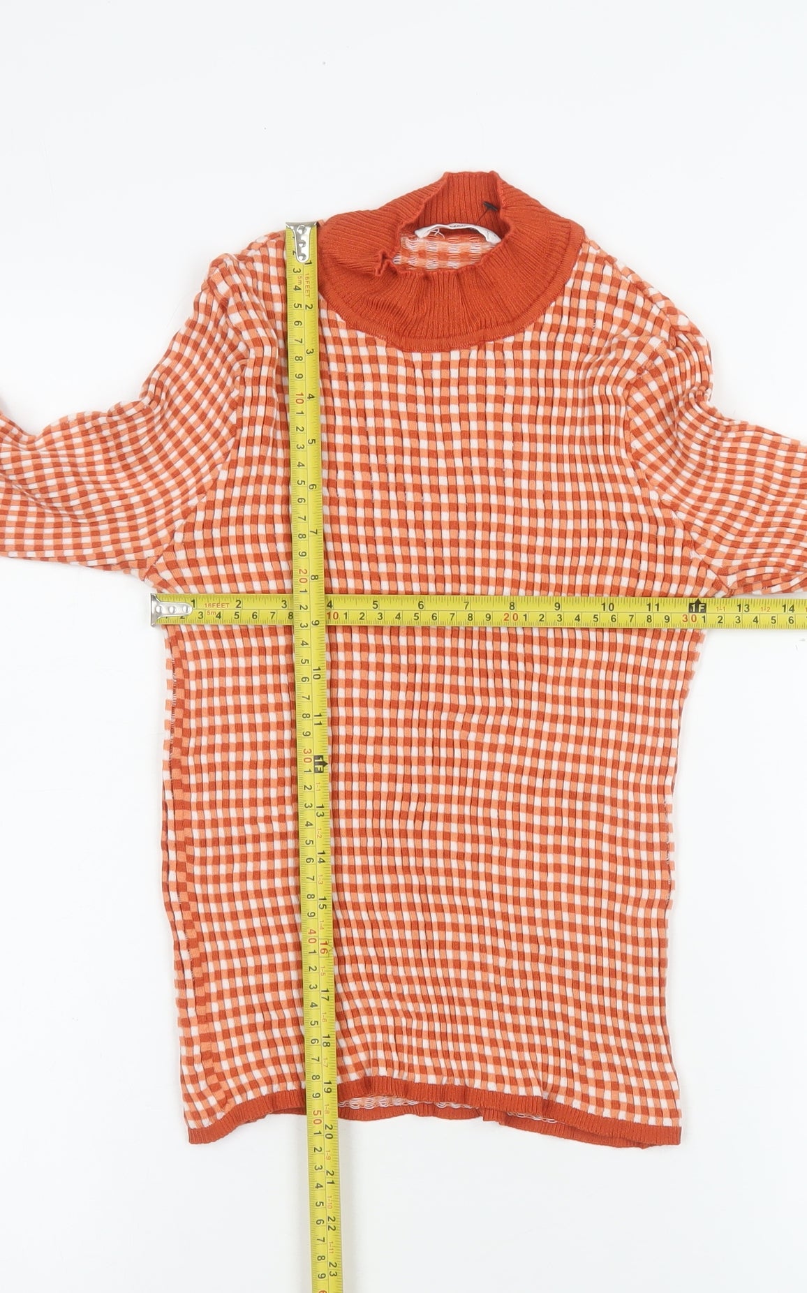 MNG Women’s Orange Check Roll Neck Long Sleeve Slim Fit Top - Size M