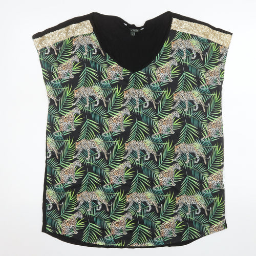 Love TEES Womens Black Leopard Print V-Neck Sleeveless Blouse Size 14