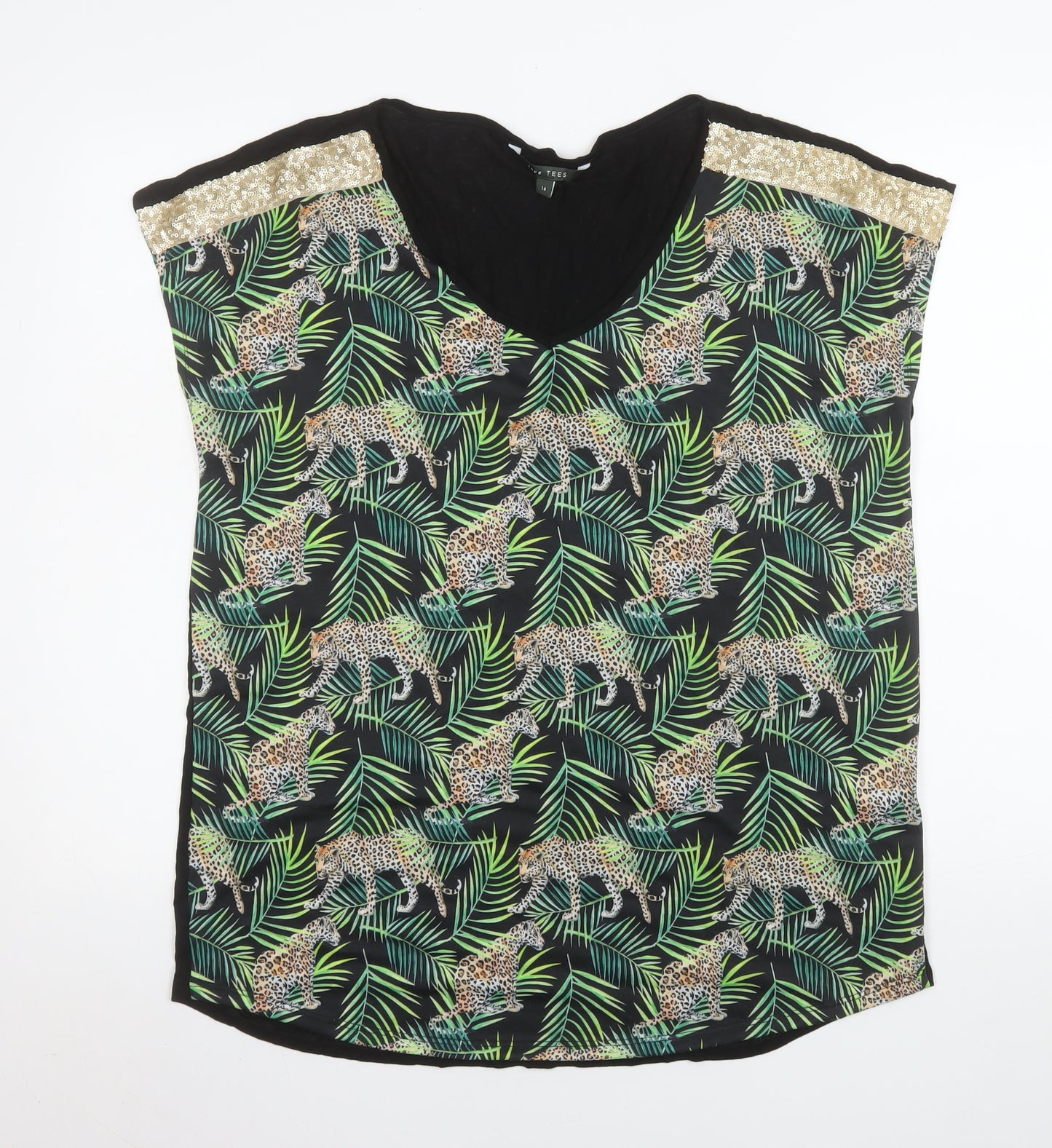 Love TEES Womens Black Leopard Print V-Neck Sleeveless Blouse Size 14