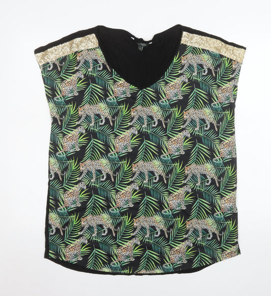 Love TEES Womens Black Leopard Print V-Neck Sleeveless Blouse Size 14