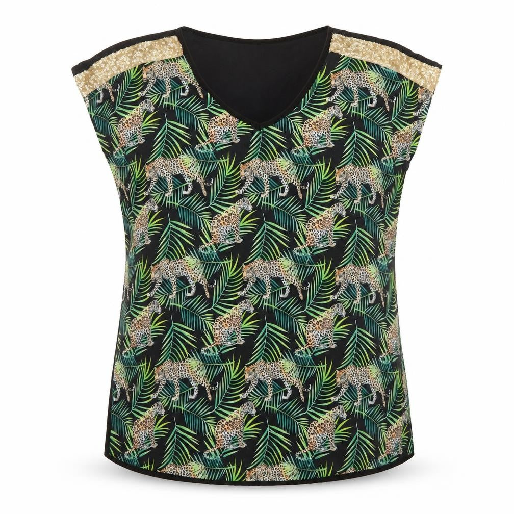 Love TEES Womens Black Leopard Print V-Neck Sleeveless Blouse Size 14