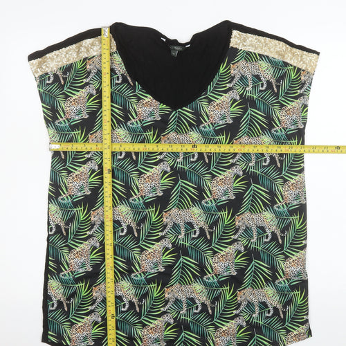 Love TEES Womens Black Leopard Print V-Neck Sleeveless Blouse Size 14