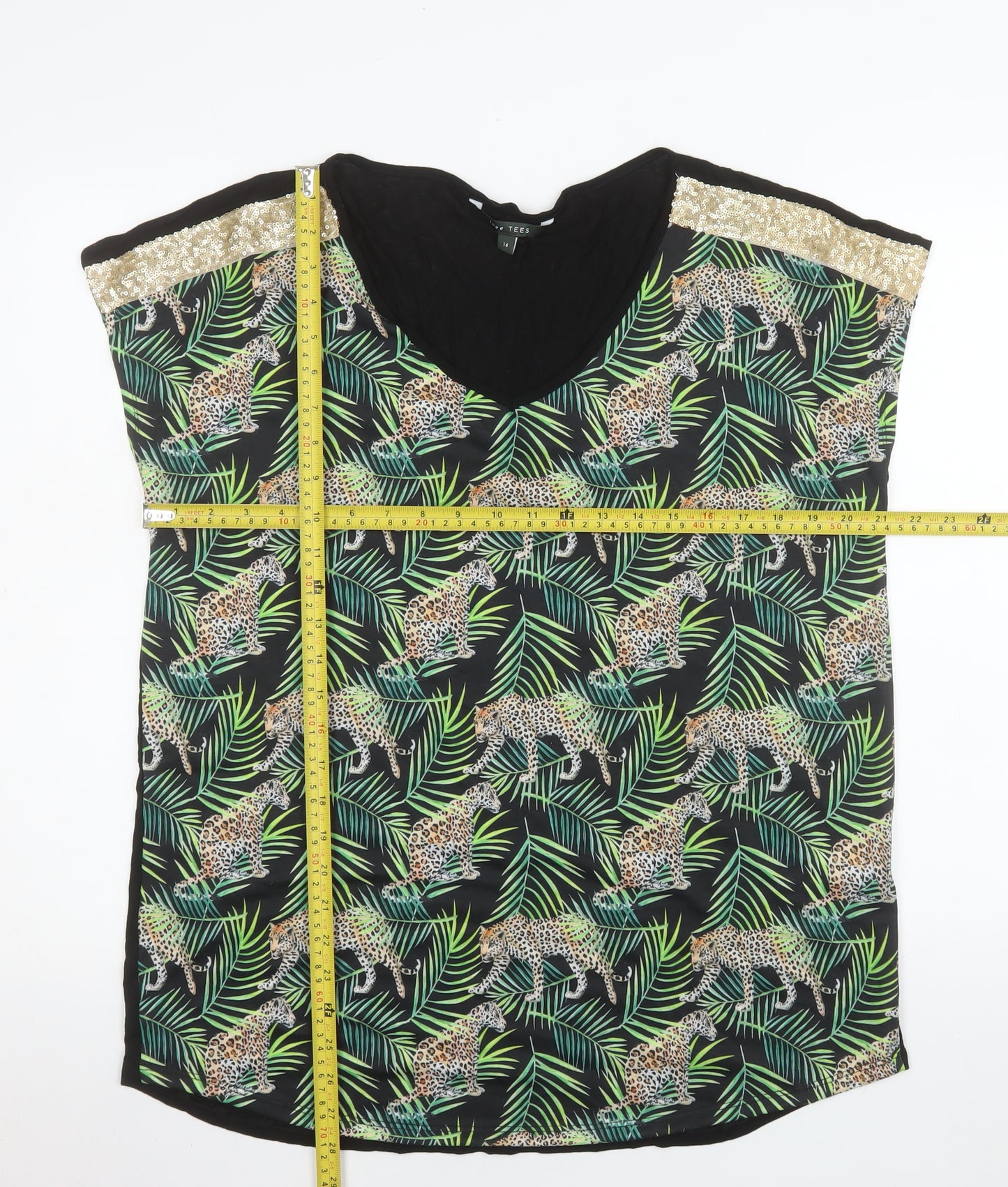 Love TEES Womens Black Leopard Print V-Neck Sleeveless Blouse Size 14