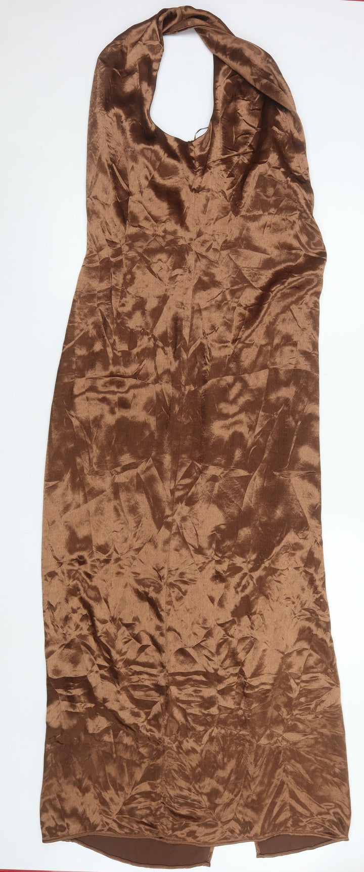 Next Women’s Brown Satin Slip Dress UK 14 Tall Cowl Neck