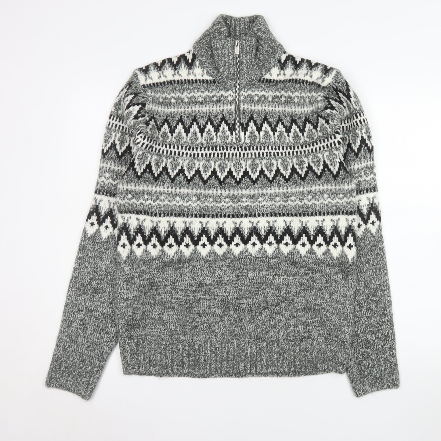 Marks and Spencer Men's Grey Fair Isle 1/2 Zip Wool Blend Pullover Sweatshirt Size S
