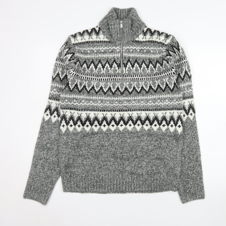 Marks and Spencer Men's Grey Fair Isle 1/2 Zip Wool Blend Pullover Sweatshirt Size S