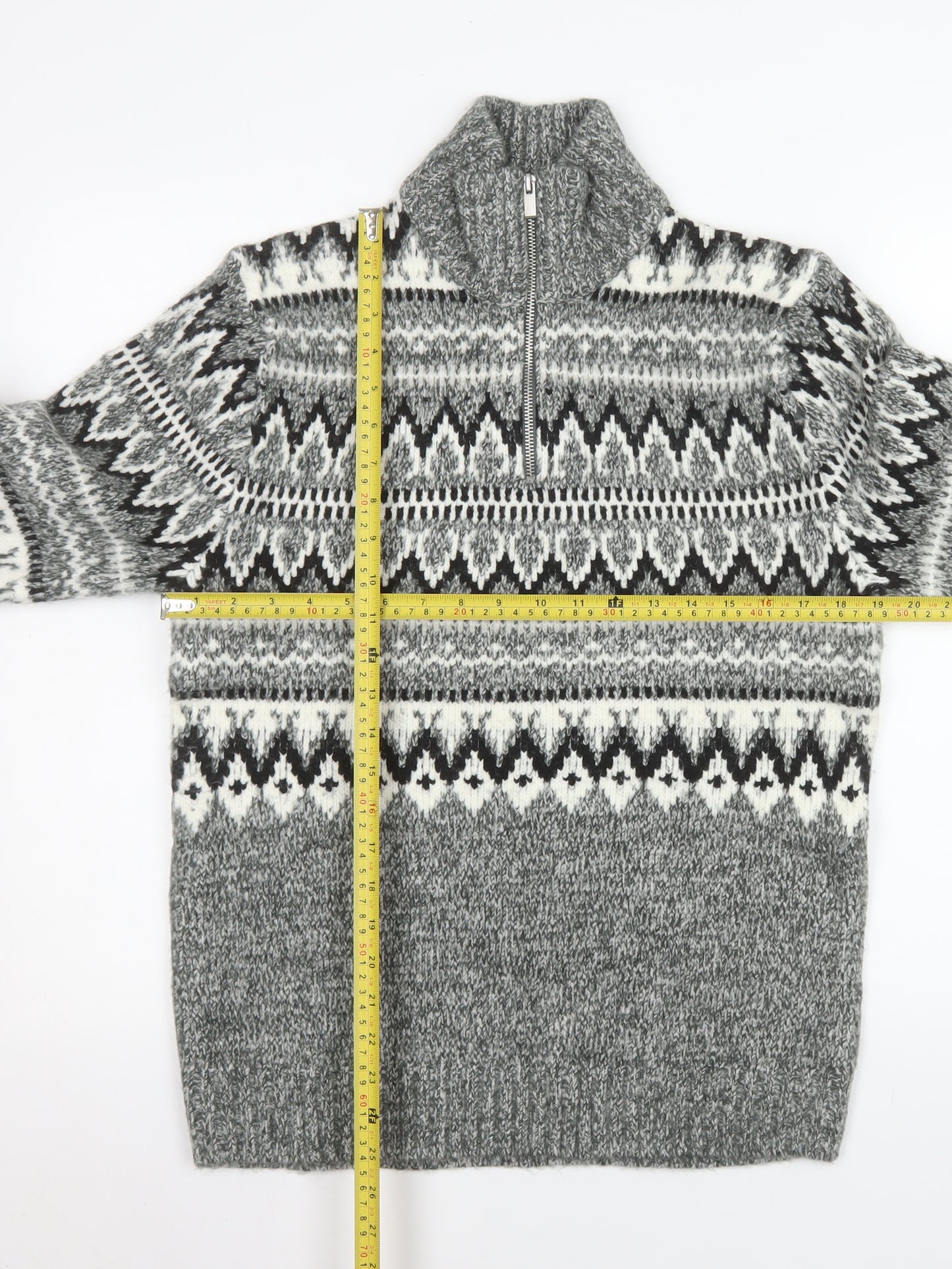Marks and Spencer Men's Grey Fair Isle 1/2 Zip Wool Blend Pullover Sweatshirt Size S