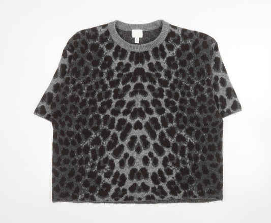 H&M Women’s Grey Leopard Print Short Sleeve Knit Jumper XL