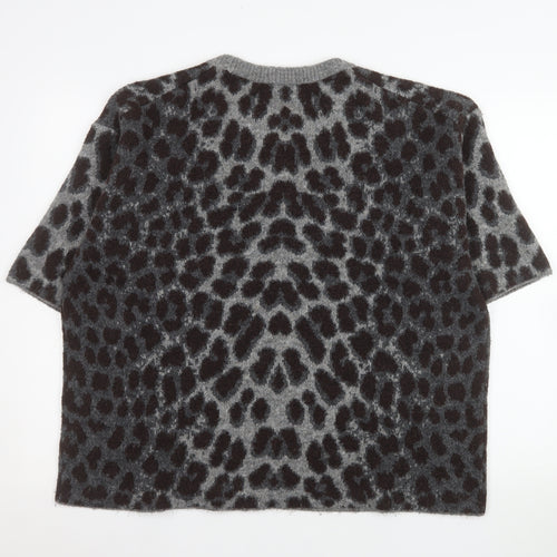 H&M Women’s Grey Leopard Print Short Sleeve Knit Jumper XL