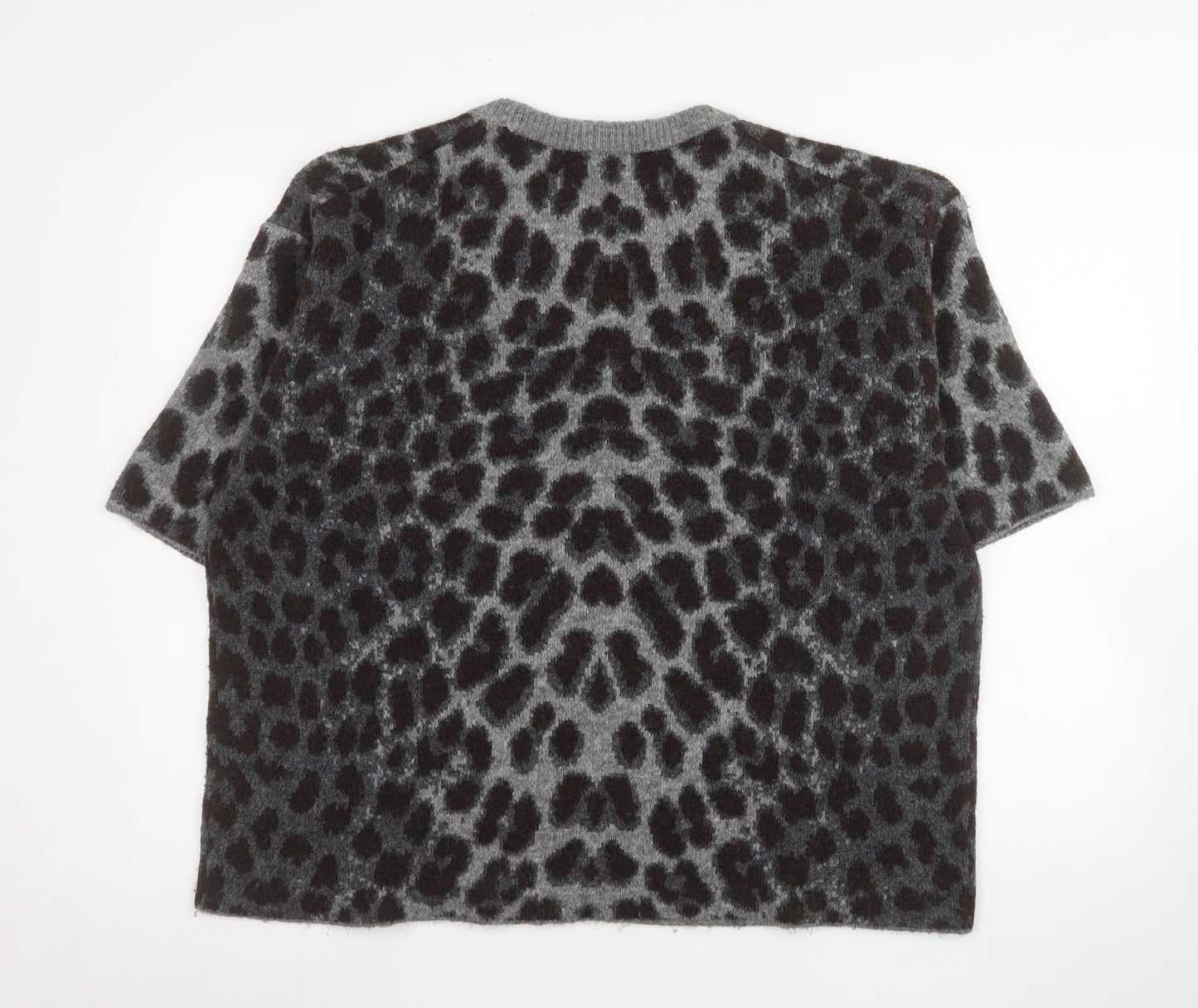 H&M Women’s Grey Leopard Print Short Sleeve Knit Jumper XL
