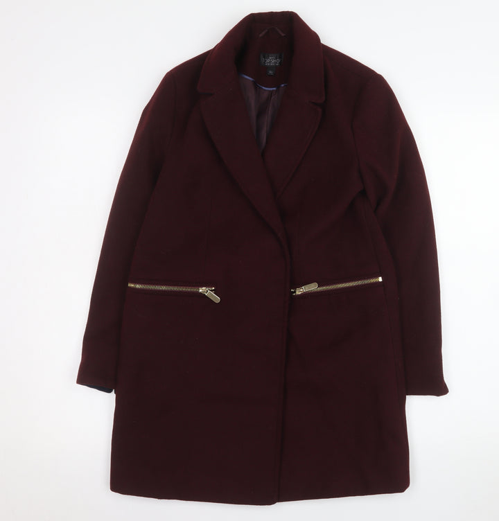 Topshop Petite Women's Burgundy Wool Blend Zip Pocket Overcoat UK 4
