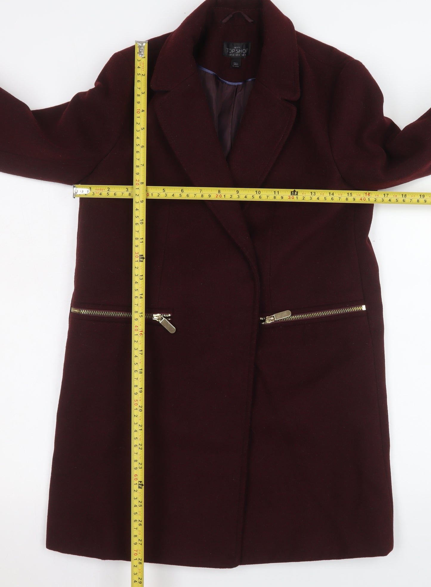 Topshop Petite Women's Burgundy Wool Blend Zip Pocket Overcoat UK 4