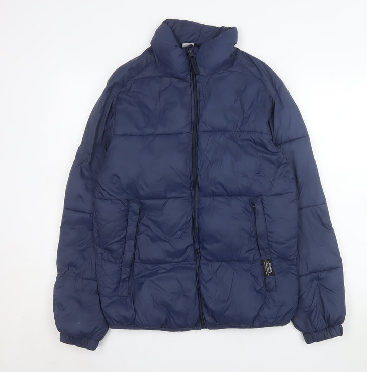 Pull & Bear Men's Blue Puffer Jacket Size M Full Zip Winter Coat